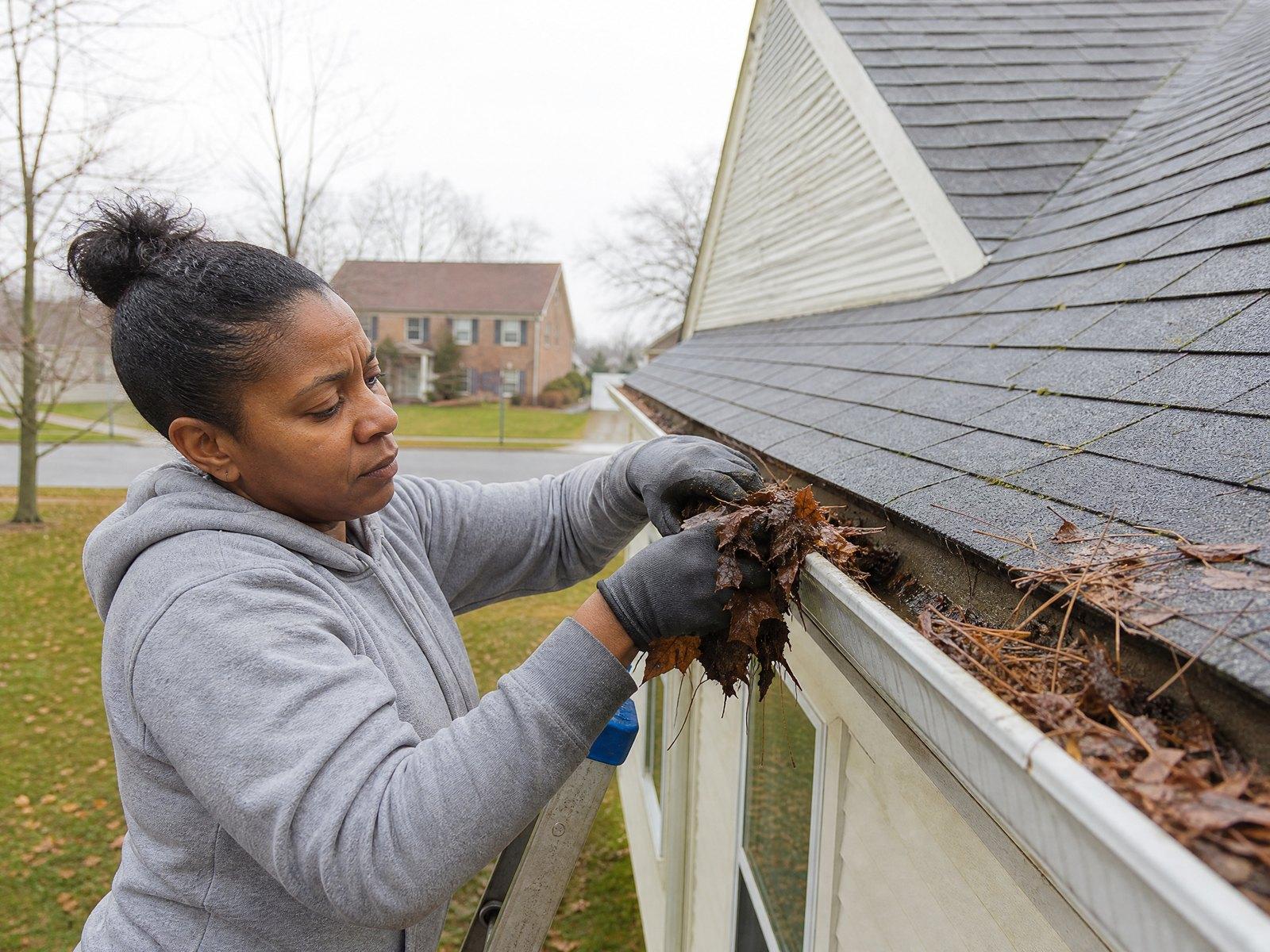 Clearing leaves from a clogged gutter